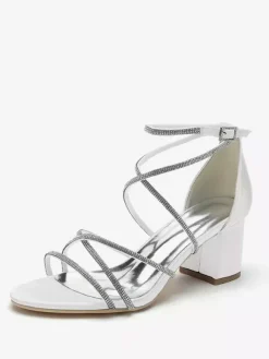 Blcok Heel Wedding Shoes Open Toe Rhinestones Strappy Bridal Shoes