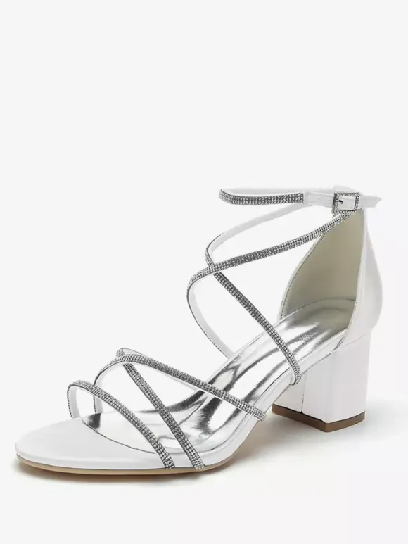Blcok Heel Wedding Shoes Open Toe Rhinestones Strappy Bridal Shoes