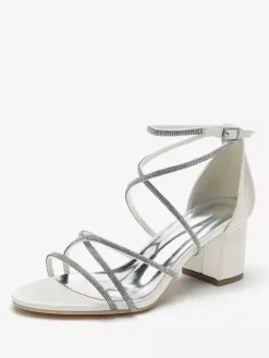 Blcok Heel Wedding Shoes Open Toe Rhinestones Strappy Bridal Shoes