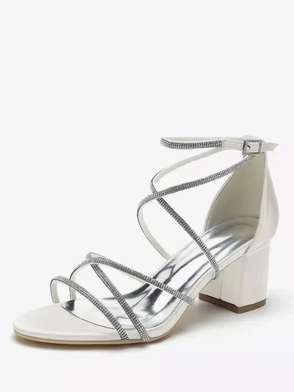 Blcok Heel Wedding Shoes Open Toe Rhinestones Strappy Bridal Shoes