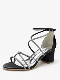 Blcok Heel Wedding Shoes Open Toe Rhinestones Strappy Bridal Shoes