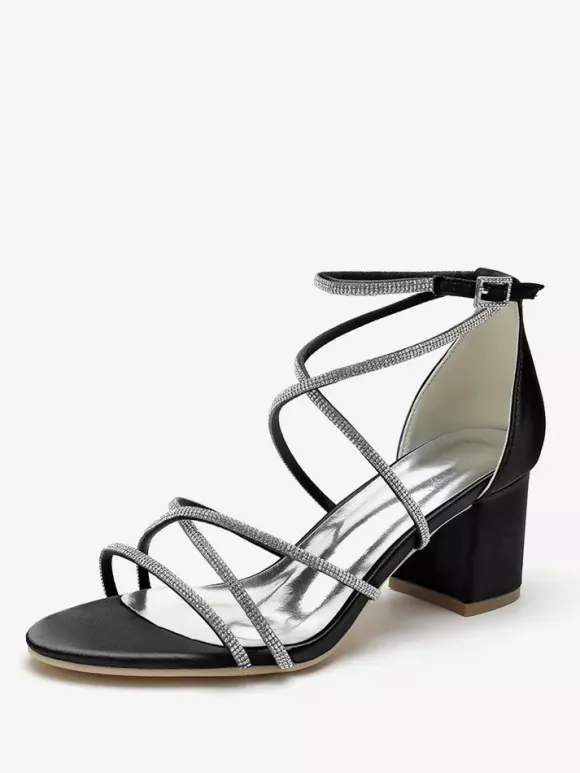 Blcok Heel Wedding Shoes Open Toe Rhinestones Strappy Bridal Shoes
