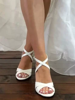 Block Heel Bridal Sandals Ivory Open Toe Criss Cross Wedding Sandals