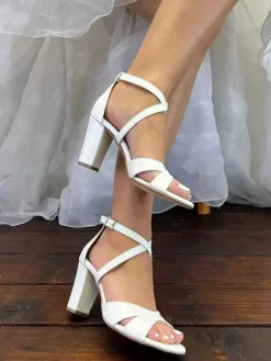 Block Heel Bridal Sandals Ivory Open Toe Criss Cross Wedding Sandals