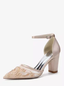 Block Heel Wedding Shoes Pointed Toe Beaded High Heel Bridal Shoes