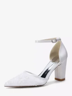 Block Heel Wedding Shoes Pointed Toe Beaded High Heel Bridal Shoes