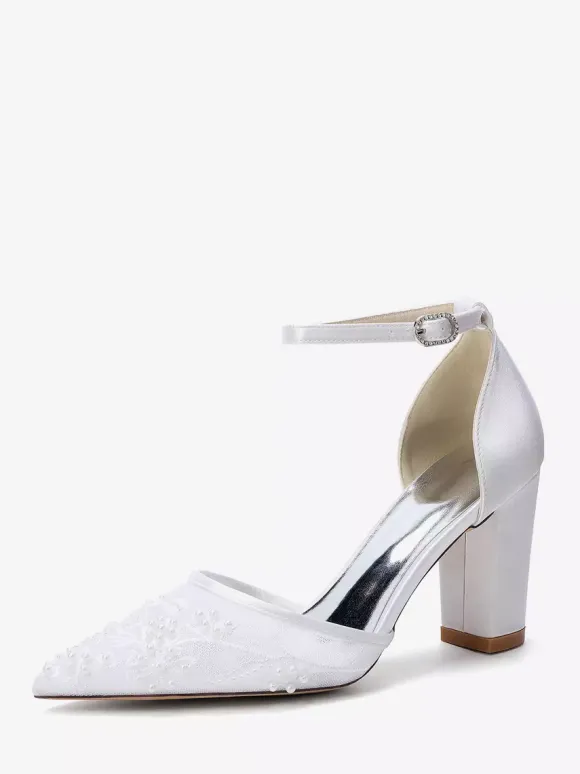 Block Heel Wedding Shoes Pointed Toe Beaded High Heel Bridal Shoes