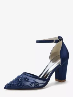 Block Heel Wedding Shoes Pointed Toe Beaded High Heel Bridal Shoes
