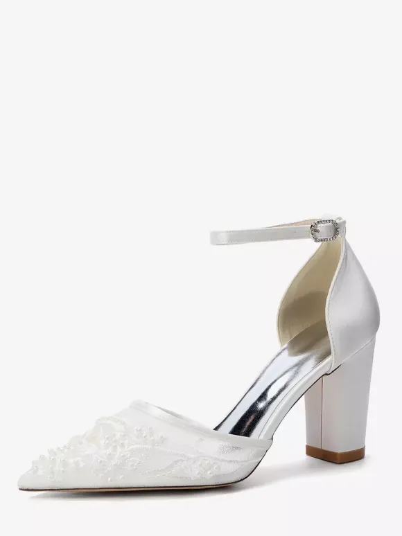 Block Heel Wedding Shoes Pointed Toe Beaded High Heel Bridal Shoes