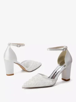 Block Heel Wedding Shoes Pointed Toe Beaded High Heel Bridal Shoes