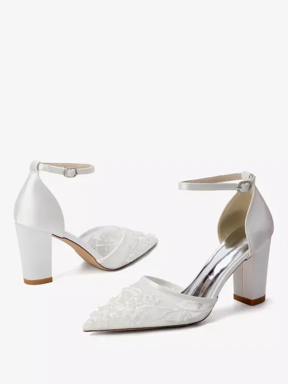 Block Heel Wedding Shoes Pointed Toe Beaded High Heel Bridal Shoes
