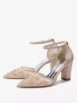 Block Heel Wedding Shoes Pointed Toe Beaded High Heel Bridal Shoes