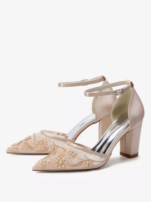 Block Heel Wedding Shoes Pointed Toe Beaded High Heel Bridal Shoes