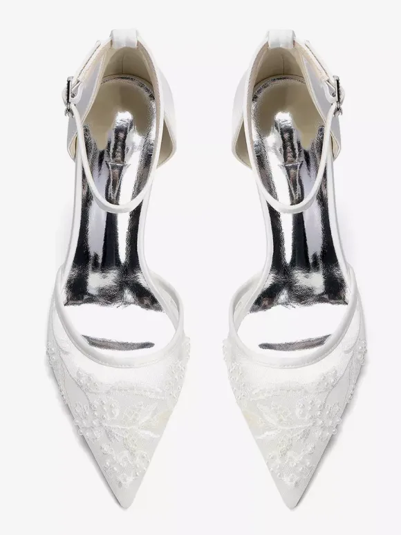 Block Heel Wedding Shoes Pointed Toe Beaded High Heel Bridal Shoes