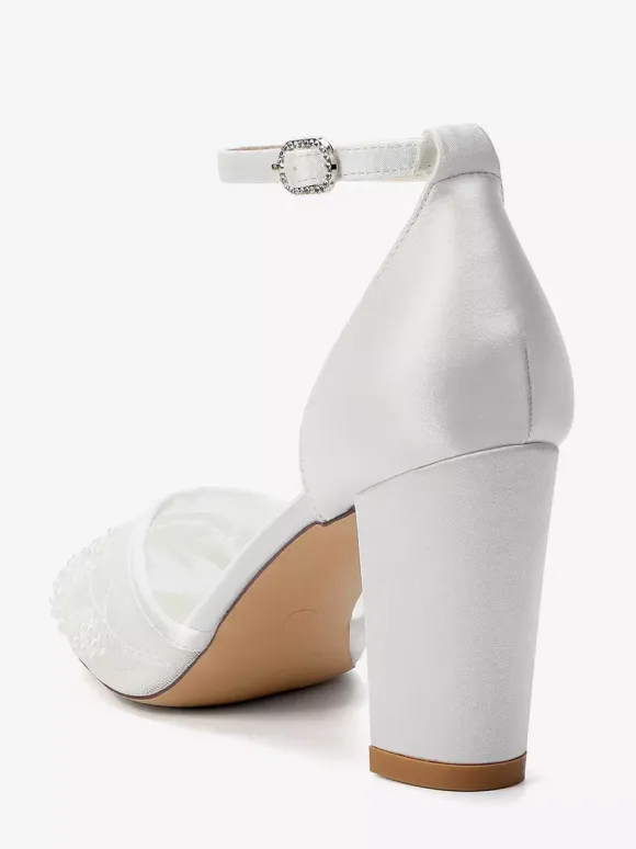 Block Heel Wedding Shoes Pointed Toe Beaded High Heel Bridal Shoes