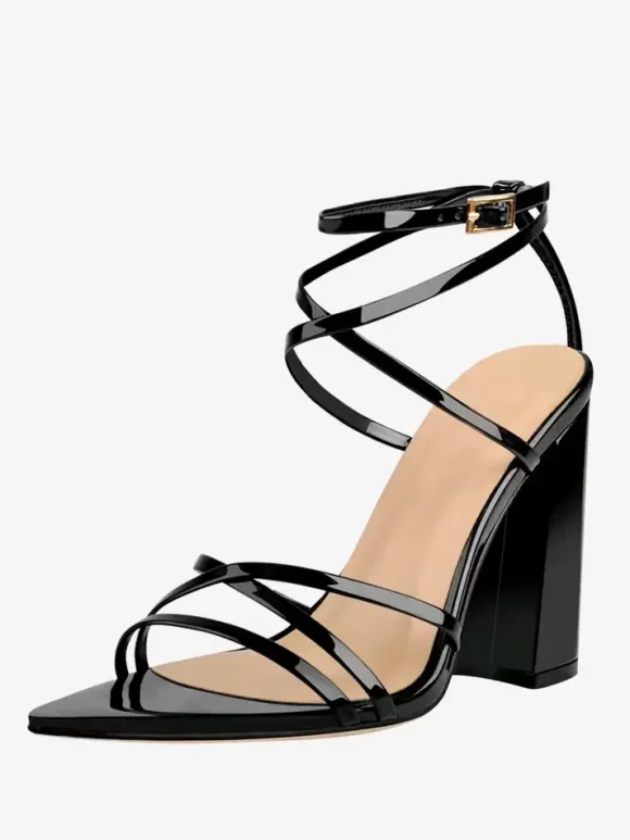 Block Heel Sandals Black Pointed Toe Strappy High Heel Sandals