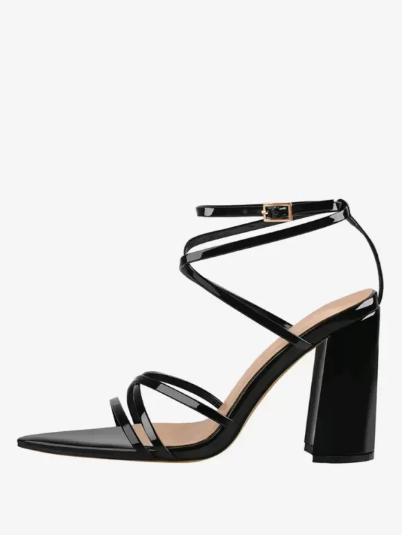 Block Heel Sandals Black Pointed Toe Strappy High Heel Sandals