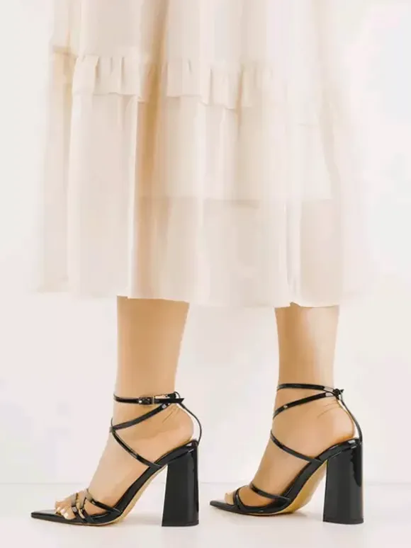 Block Heel Sandals Black Pointed Toe Strappy High Heel Sandals