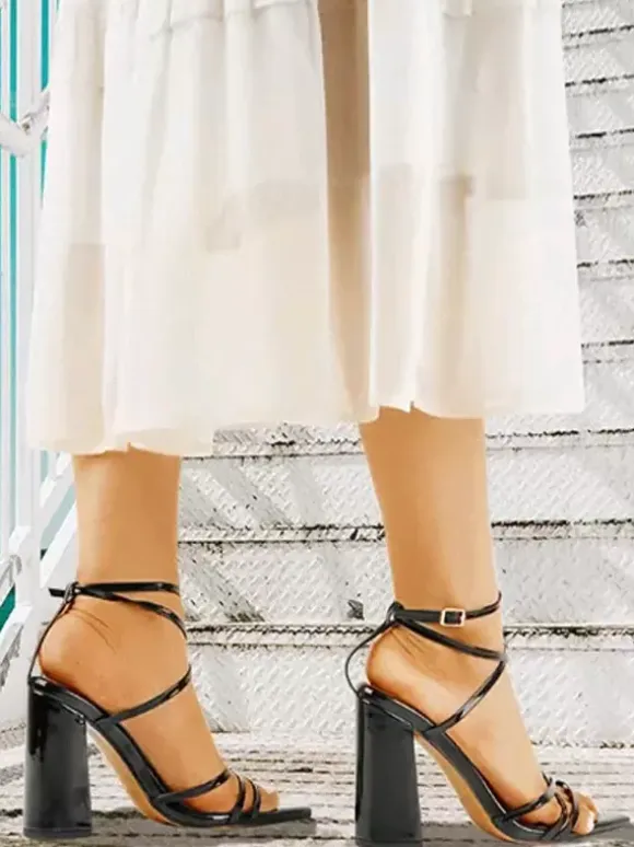 Block Heel Sandals Black Pointed Toe Strappy High Heel Sandals