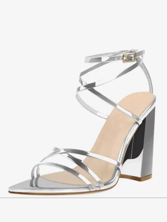 Block Heel Sandals Black Pointed Toe Strappy High Heel Sandals