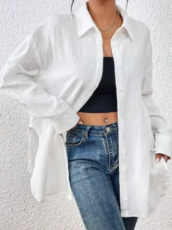 Blouse For Women Apricot Buttons Turndown Collar Chic Long Sleeves Cotton Tops