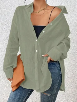 Blouse For Women Apricot Buttons Turndown Collar Chic Long Sleeves Cotton Tops
