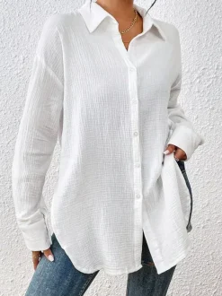 Blouse For Women Apricot Buttons Turndown Collar Chic Long Sleeves Cotton Tops