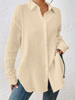 Blouse For Women Apricot Buttons Turndown Collar Chic Long Sleeves Cotton Tops