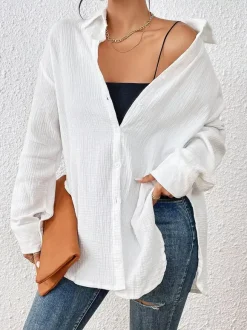 Blouse For Women Apricot Buttons Turndown Collar Chic Long Sleeves Cotton Tops