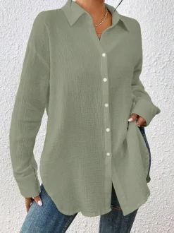 Blouse For Women Apricot Buttons Turndown Collar Chic Long Sleeves Cotton Tops