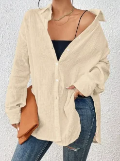 Blouse For Women Apricot Buttons Turndown Collar Chic Long Sleeves Cotton Tops