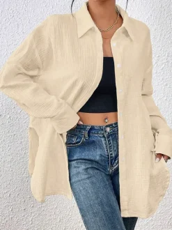 Blouse For Women Apricot Buttons Turndown Collar Chic Long Sleeves Cotton Tops