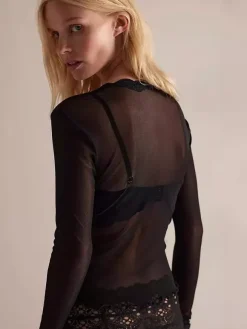 Blouse For Women Black Polyester V-Neck Chic Long Sleeves Tops