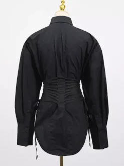 Blouse For Women Black Turndown Collar Chic Buttons Lace Up Long Sleeves Tops