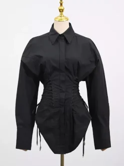 Blouse For Women Black Turndown Collar Chic Buttons Lace Up Long Sleeves Tops