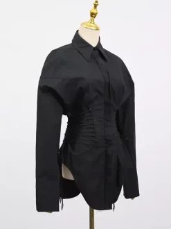 Blouse For Women Black Turndown Collar Chic Buttons Lace Up Long Sleeves Tops