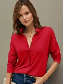 Blouse For Women Black Turndown Collar Casual Buttons Long Sleeves Tops