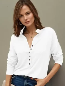 Blouse For Women Black Turndown Collar Casual Buttons Long Sleeves Tops
