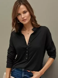 Blouse For Women Black Turndown Collar Casual Buttons Long Sleeves Tops