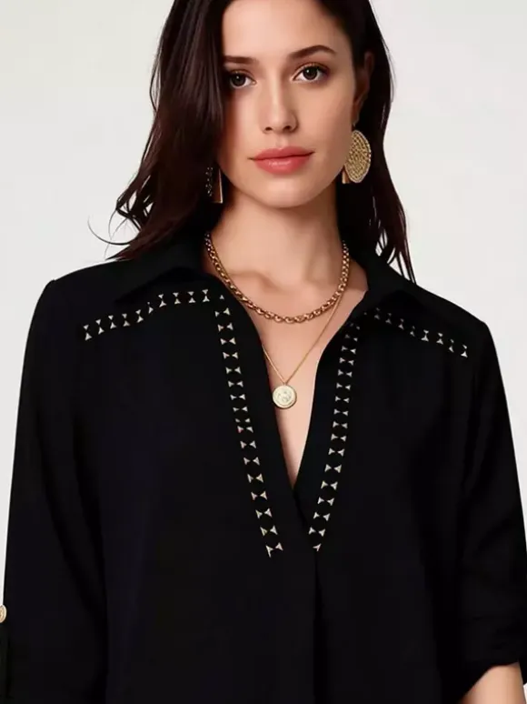 Blouse For Women Black V-Neck Clothes Chic Buttons Cut Out Half Sleeves Tops