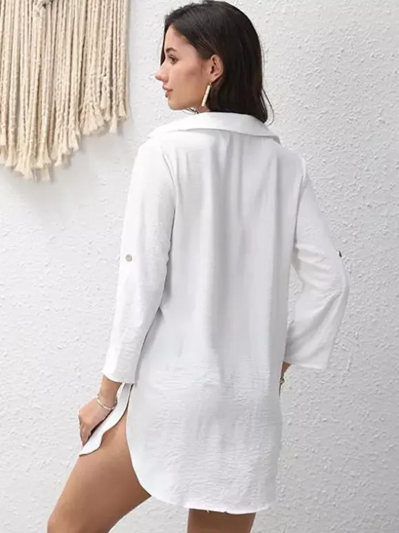 Blouse For Women Black V-Neck Clothes Chic Buttons Cut Out Half Sleeves Tops