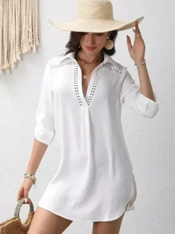 Blouse For Women Black V-Neck Clothes Chic Buttons Cut Out Half Sleeves Tops