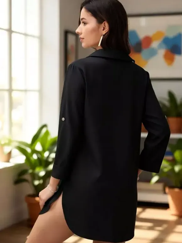 Blouse For Women Black V-Neck Clothes Chic Buttons Cut Out Half Sleeves Tops