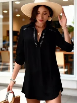 Blouse For Women Black V-Neck Clothes Chic Buttons Cut Out Half Sleeves Tops