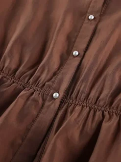 Blouse For Women Brown Stand Collar Clothes Casual Lace Buttons Long Sleeves Tops