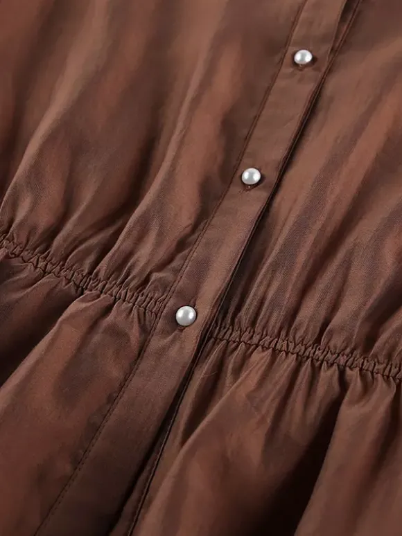 Blouse For Women Brown Stand Collar Clothes Casual Lace Buttons Long Sleeves Tops