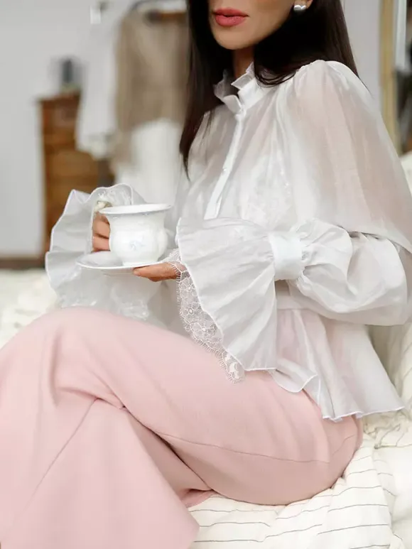 Blouse For Women Brown Stand Collar Clothes Casual Lace Buttons Long Sleeves Tops