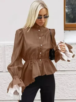 Blouse For Women Brown Stand Collar Clothes Casual Lace Buttons Long Sleeves Tops