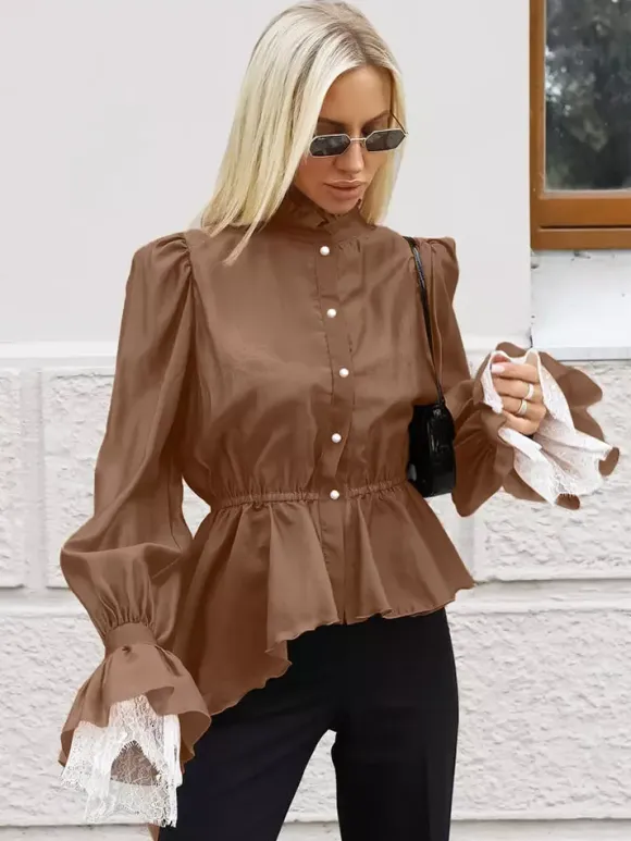 Blouse For Women Brown Stand Collar Clothes Casual Lace Buttons Long Sleeves Tops