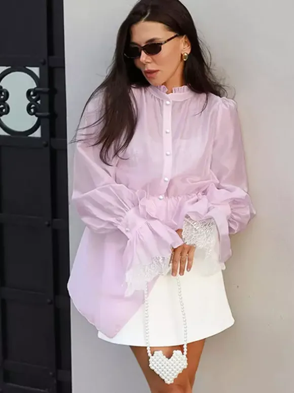 Blouse For Women Brown Stand Collar Clothes Casual Lace Buttons Long Sleeves Tops